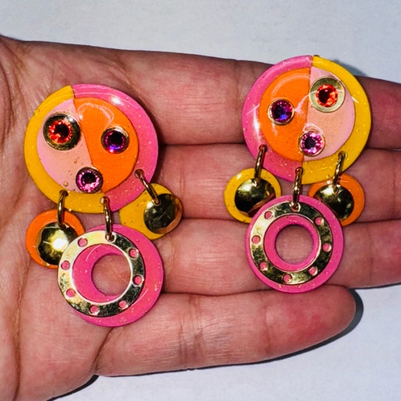 MAM VINTAGE 80’s CLIP EARRINGS PINK YELLOW AND ORANGE WITH CRYSTAL GOLD ACCENTS - Picture 6 of 10